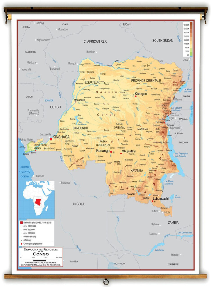 Democratic Republic of the Congo Physical Educational Map from Academia Maps, image 1, World Maps Online