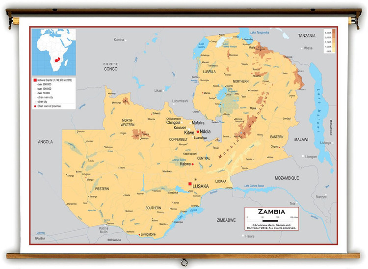 Zambia Physical Educational Map from Academia Maps, image 1, World Maps Online