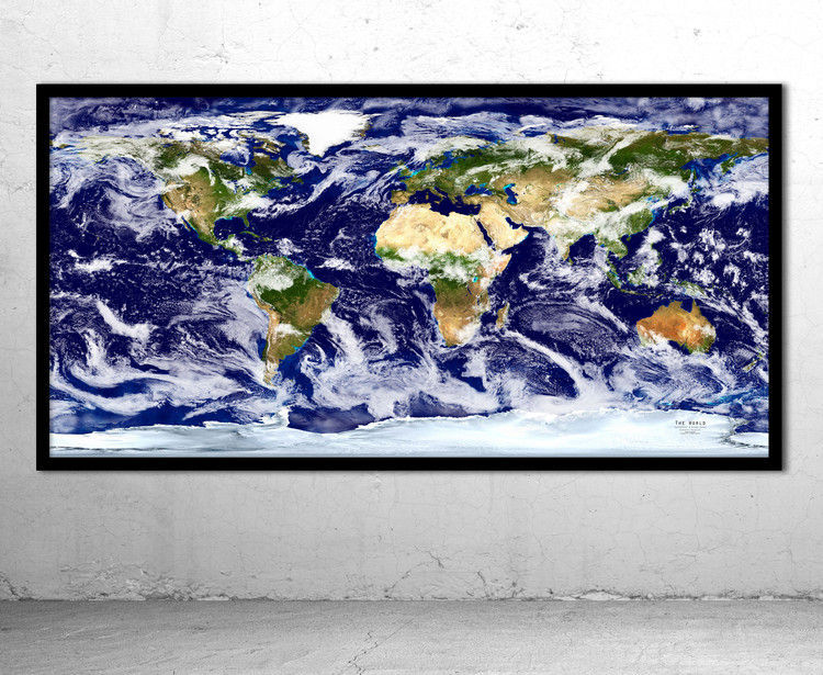 World Satellite Image Wall Map - Cloud Cover Framed