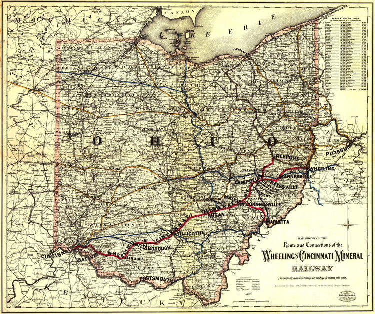 Historic Railroad Map of Ohio - 1882 - Wheeling and Cincinnati Mineral Railway, image 1, World Maps Online