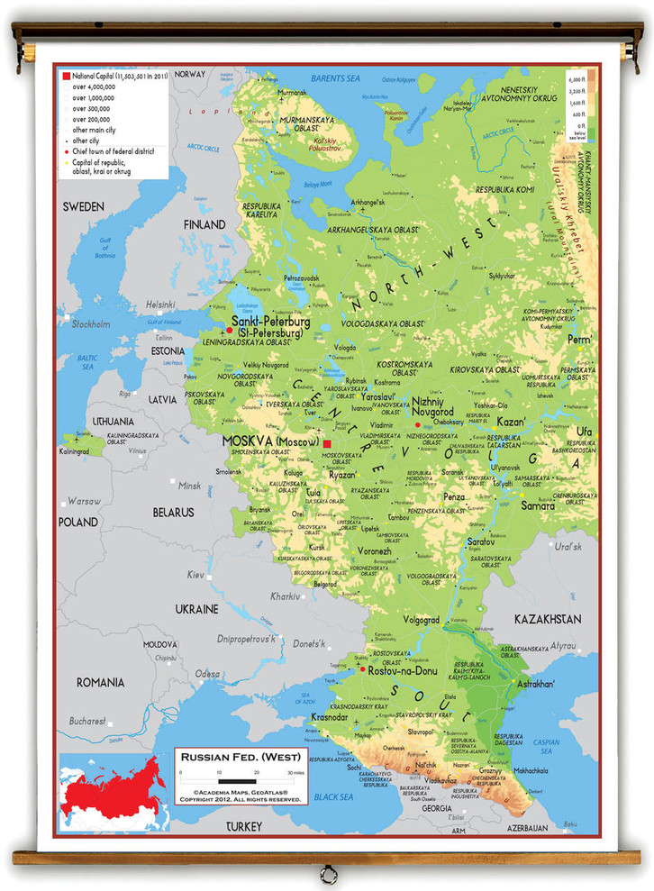 Russia (Western) Physical Educational Map from Academia Maps, image 1, World Maps Online