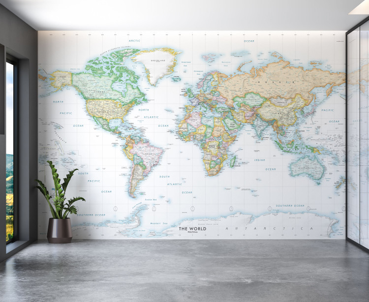 Light Oceans Detailed World Political Map Wall Mural in Room