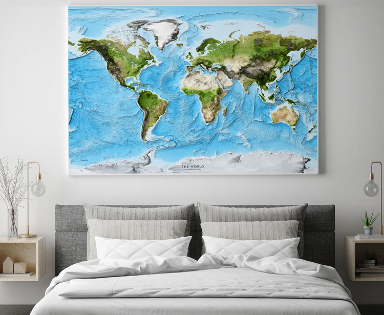World Exaggerated Relief Enhanced Satellite Image Shaded Relief Wall Map Framed