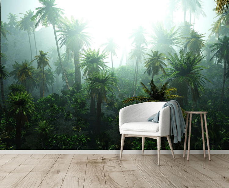 Palm Trees in Fog Jungle Scene Wall Mural, image 1, World Maps Online