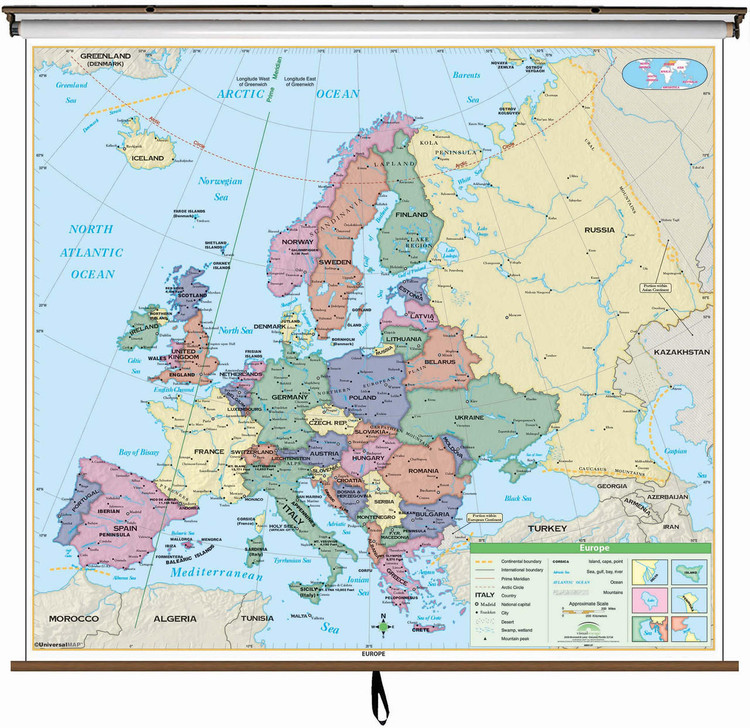 Essential Europe Map on Spring Roller from Kappa Maps, image 1, World Maps Online