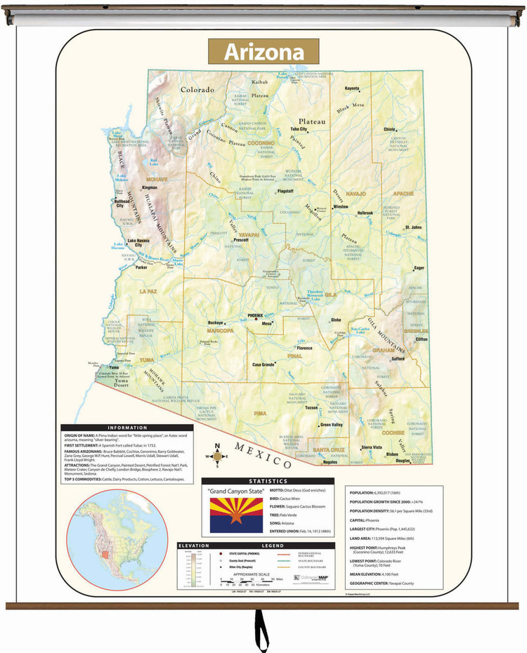 Arizona Large Shaded Relief Map on Spring Roller from Kappa Maps, image 1, World Maps Online