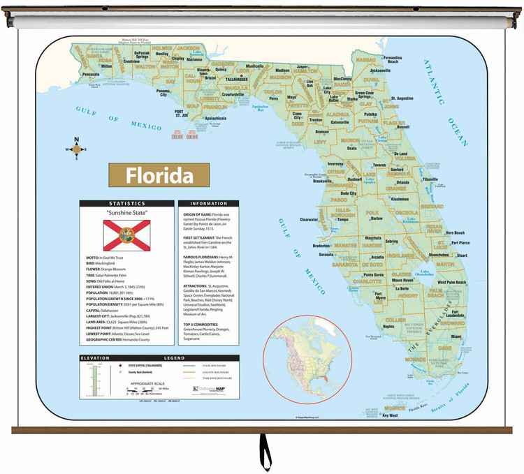 Florida Large Shaded Relief Map on Spring Roller from Kappa Maps, image 1, World Maps Online