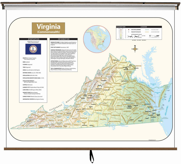 Virginia Large Shaded Relief Map on Spring Roller from Kappa Maps, image 1, World Maps Online