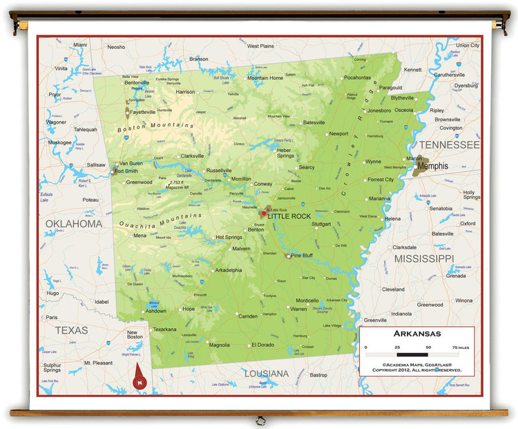 Arkansas Physical Spring Roller Map, image 1, World Maps Online