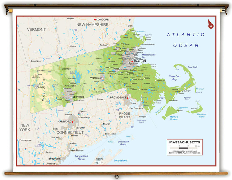 Massachusetts Physical Spring Roller Map, image 1, World Maps Online