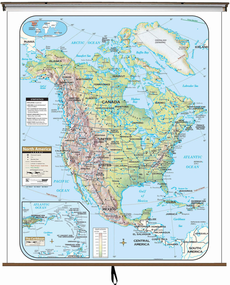 North America Large Shaded Relief Map on Spring Roller from Kappa Maps, image 1, World Maps Online