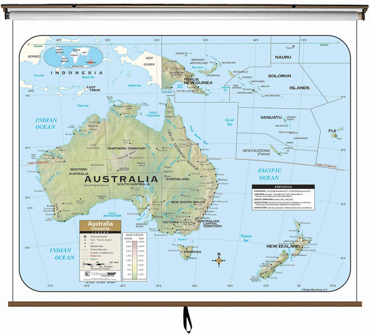 Australia Large Shaded Relief Map on Spring Roller from Kappa Maps, image 1, World Maps Online