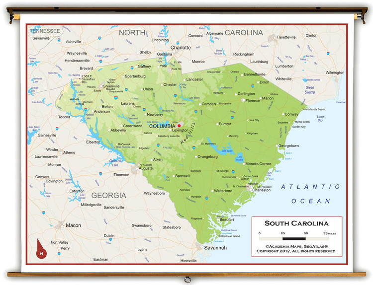 South Carolina Physical Pull-Down Map, image 1, World Maps Online