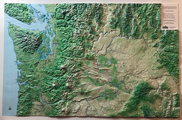 Washington State Enhanced Satellite Image Raised Relief Map, image 1, World Maps Online