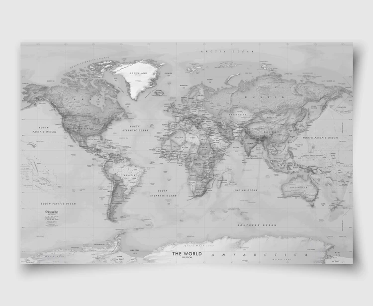 Grayscale World Political Wall Map - Simple Labeling Archival Paper Print
