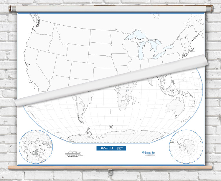 U.S. & World Outline Map Spring Roller Combo Set - Writable Blank Classroom Maps