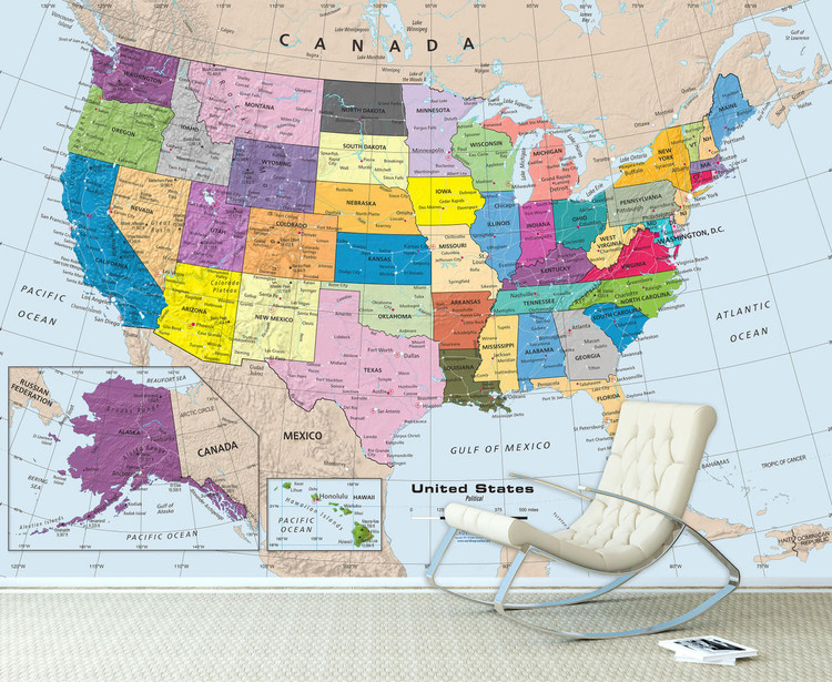 United States Colorful Political Map Wall Mural - Removable Wallpaper, image 1, World Maps Online