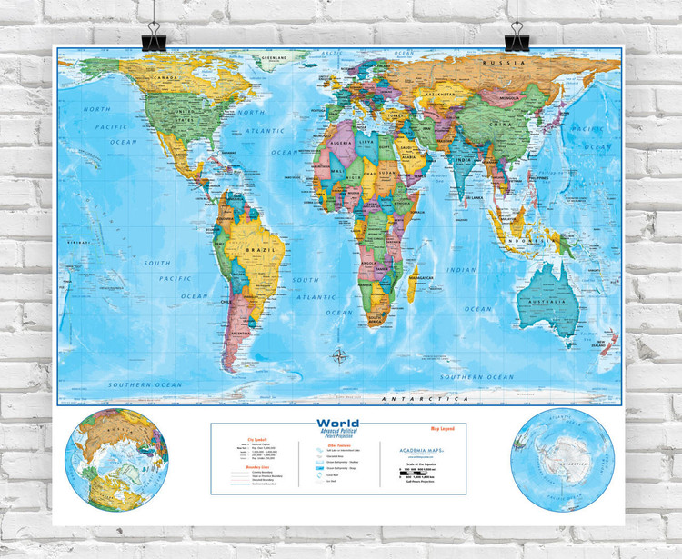 Gall-Orthographic Projection Political World Classroom Style Map