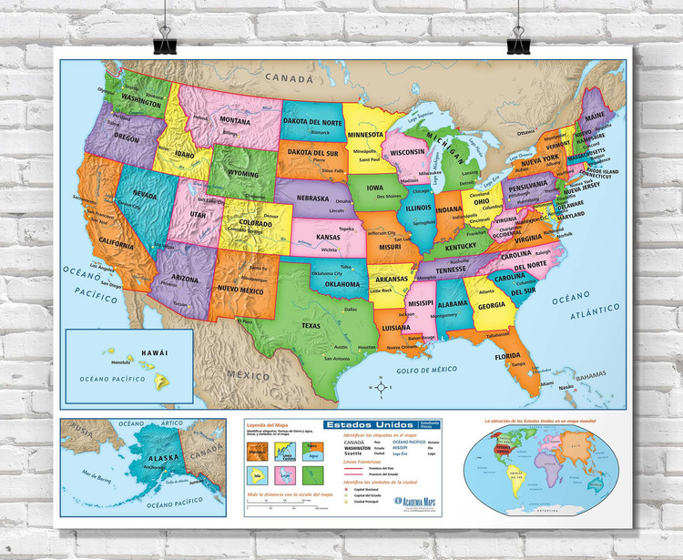 United Sates Spanish Language Early Learner Classroom Wall Map Poster