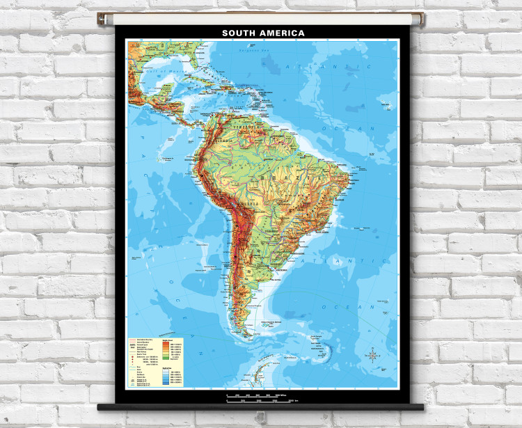 South America Physical Classroom Map on Spring Roller by Klett-Perthes