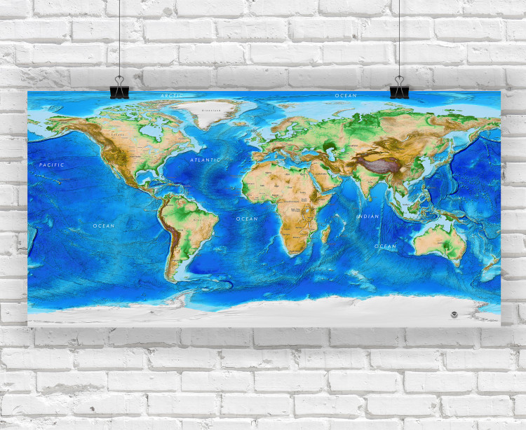 Global Topography & Bathymetry Wall Map w/ Labels and Borders