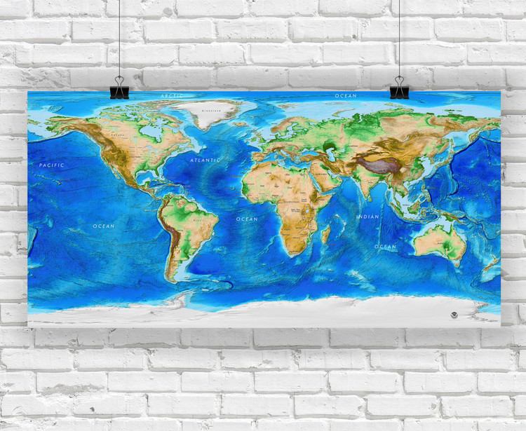 Global Topography & Bathymetry Wall Map w/ Labels and Borders, image 1, World Maps Online