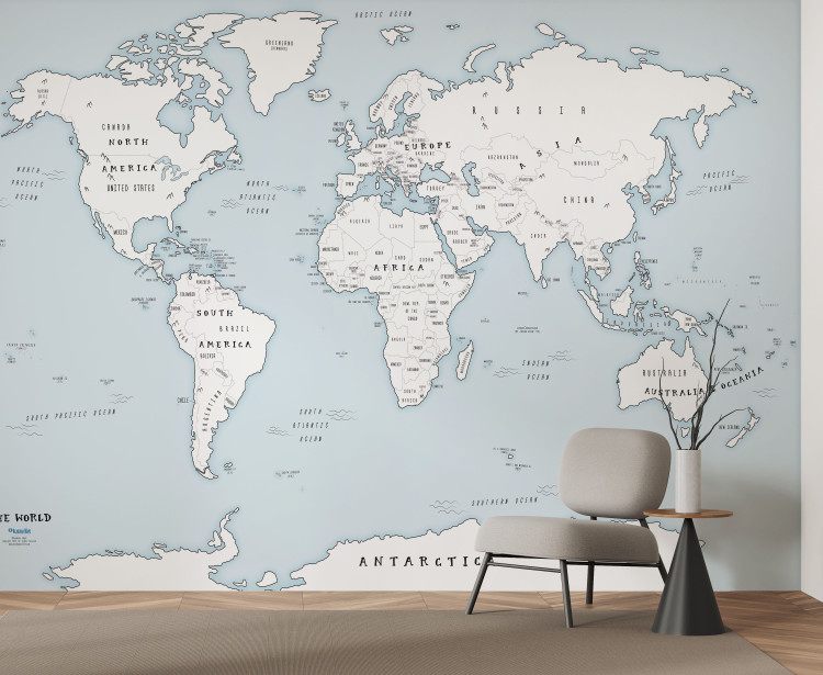 Soft Blue Ocean Simple World Map Mural on Wall