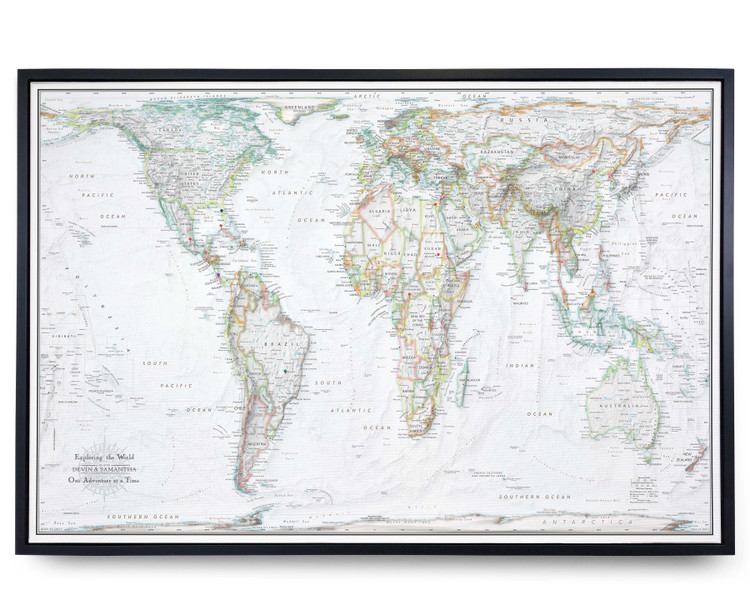 Push Pin World Map - Gall-Peters Projection - Black Frame