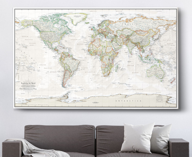 World Wanderer Soft Tones and Parchment Oceans Push Pin World Map Canvas