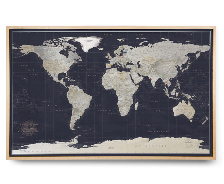 Earth Tones Navy Push Pin World Map - Maple Framed