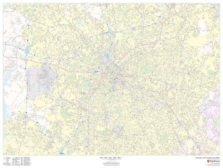 Charlotte, North Carolina Inner Metro - Landscape Wall Map