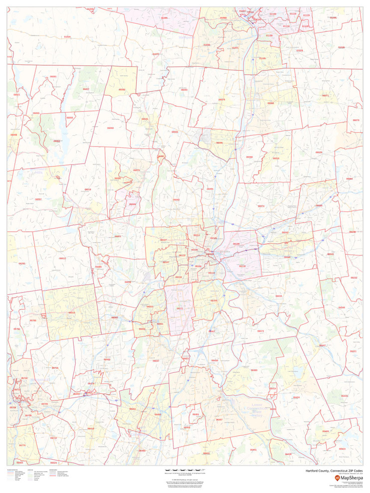 Hartford County, Connecticut ZIP Codes Wall Map