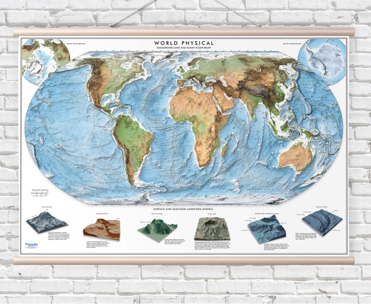 Equal Earth World Wall Map - Physical Exaggerated Shaded Relief - Wood Rails