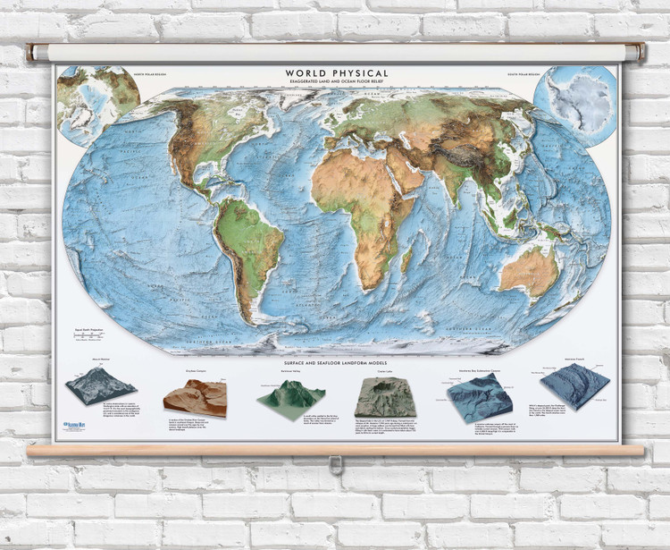 Equal Earth World Map - Physical Classroom Pull-Down Map with Exaggerated Shaded Relief Equal Earth World Map - Physical Classroom Pull-Down Map with Exaggerated Shaded Relief