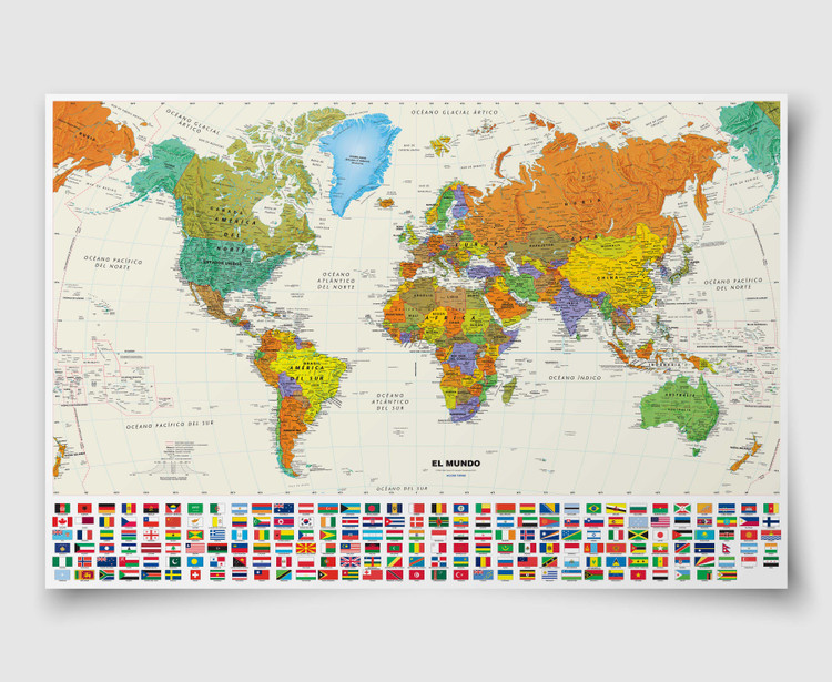 Contemporary Spanish Language World Wall Map with Flags Archival Paper Print