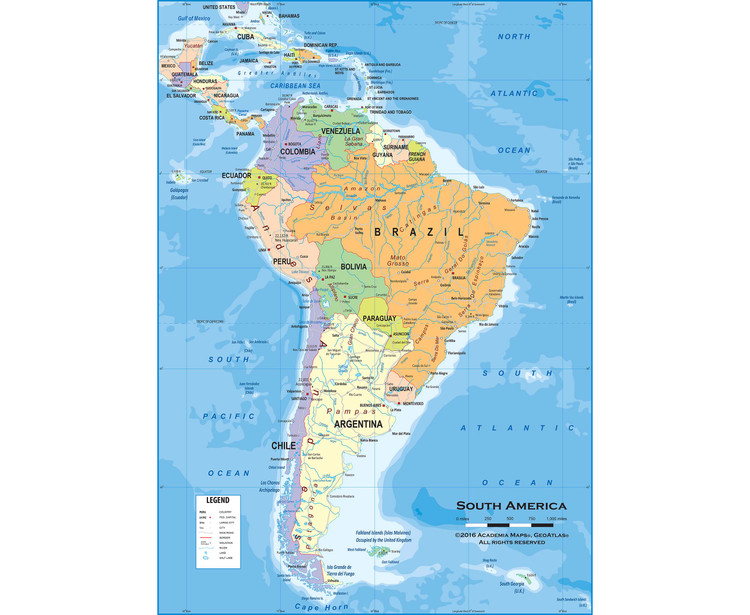 South America Political Classroom Map Wallpaper Mural