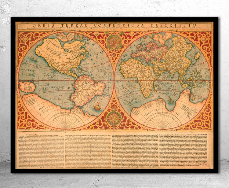 Historical World Map Print - 1637 w/ Supplemental Text Framed