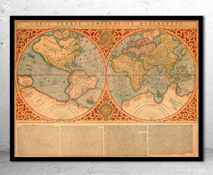 Historic World Map Print - 1637 w/ Supplemental Text, image 1, World Maps Online