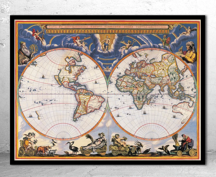 Historical World Map Print - 1662 - Joan Blaeu Framed