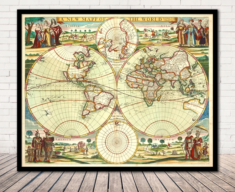 Historical World Map Antique Print - 1700's Framed