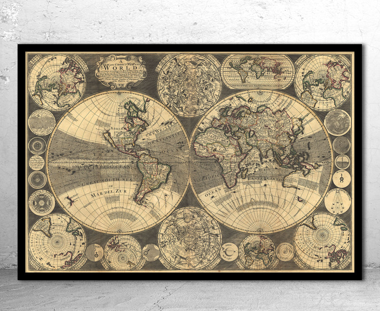 Historical Map Print - World - 1702 - William Godson Framed