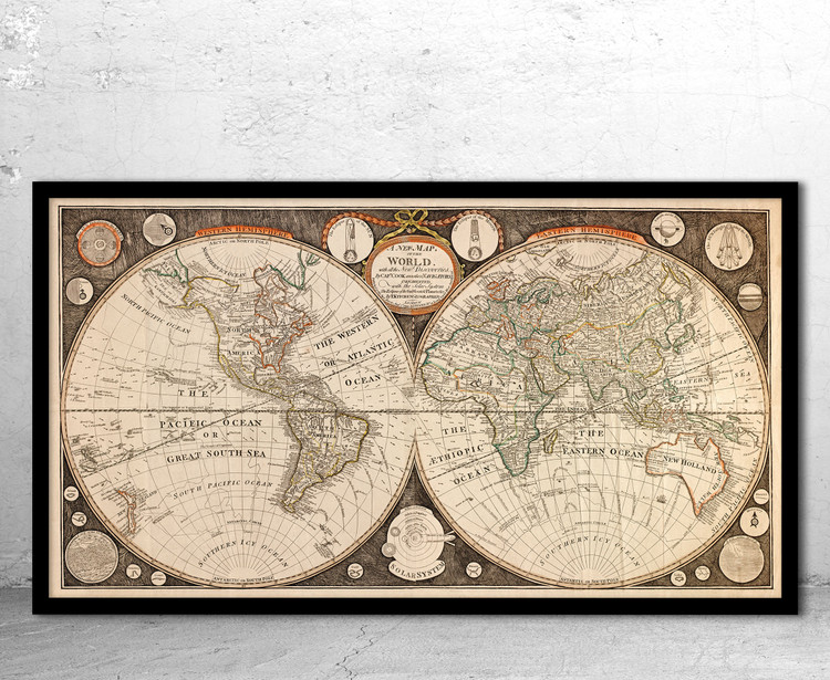 Vintage 1799 World Map Print by Thomas Kitchen Framed