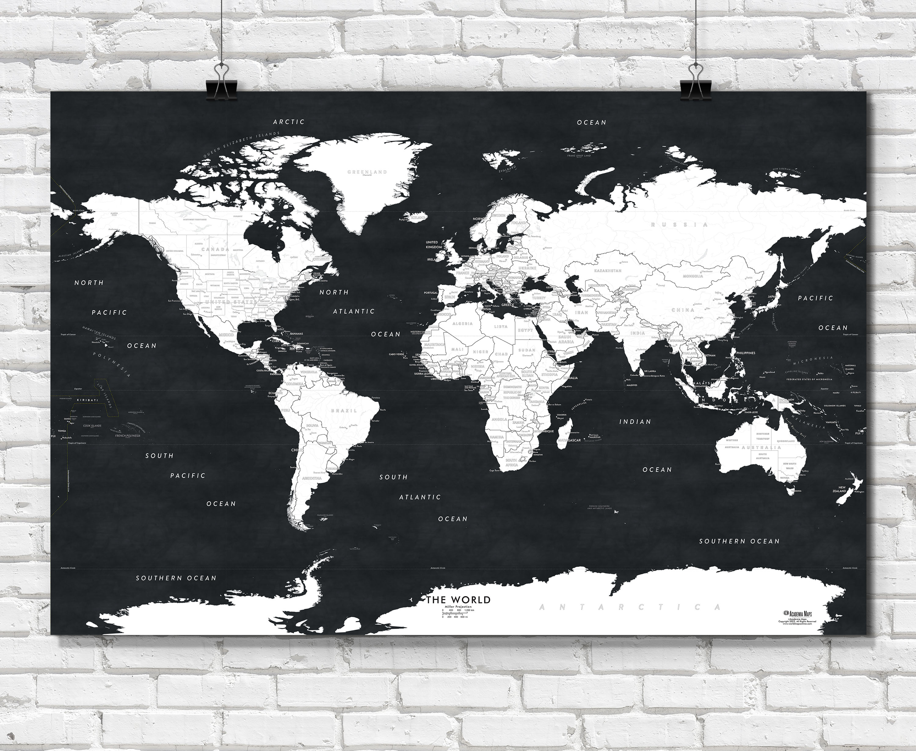 Black and White World Map Poster, image size:3000x2460