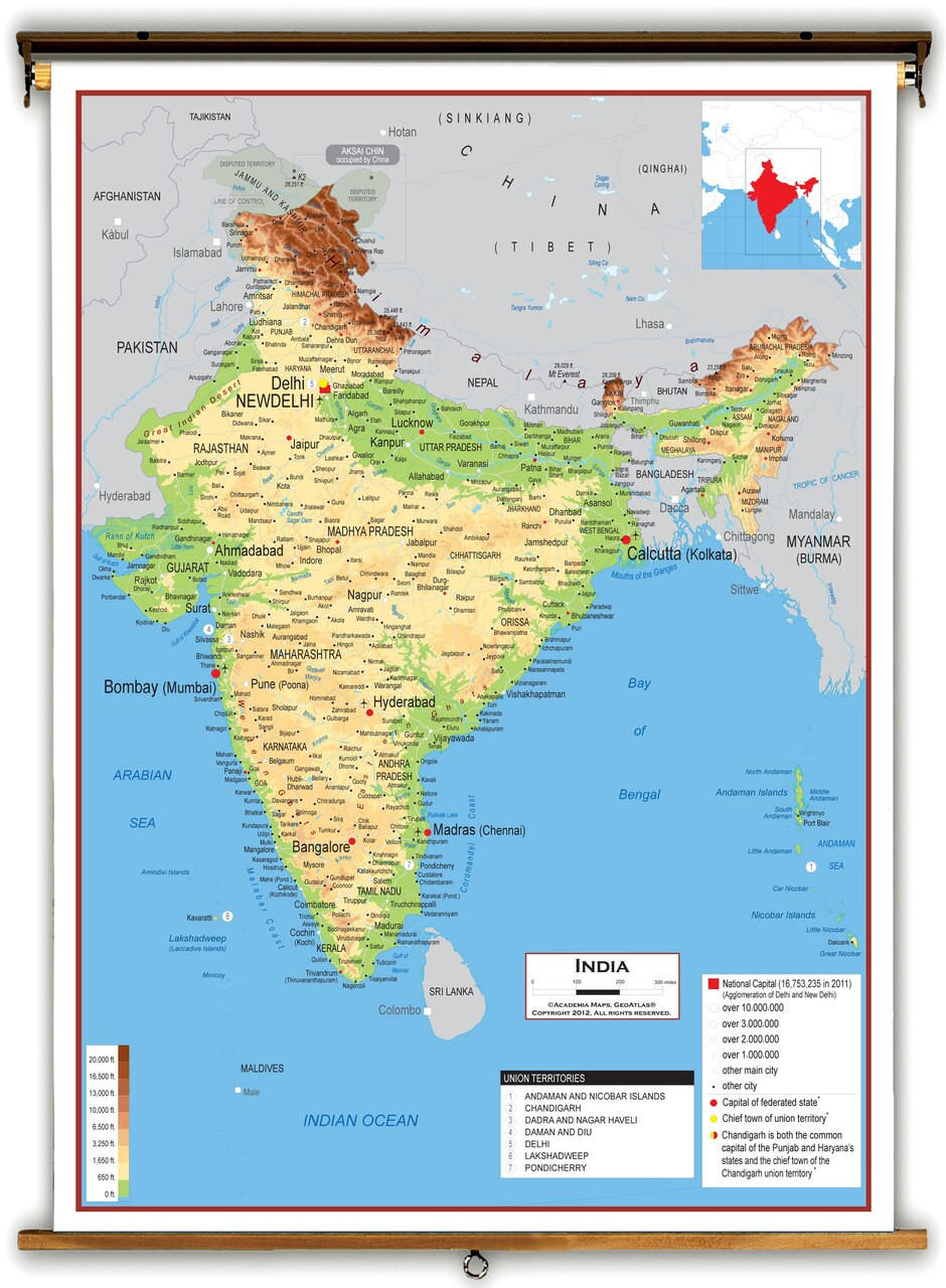 India Physical Educational Map from Academia Maps | World Maps Online