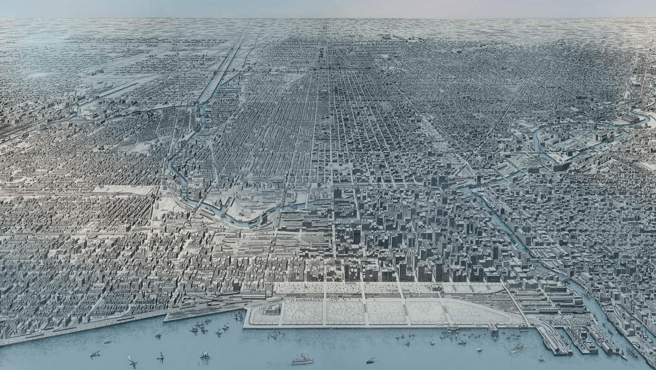 Chicago 1916 Birds-Eye View - B&W w/ Blue Water | World Maps