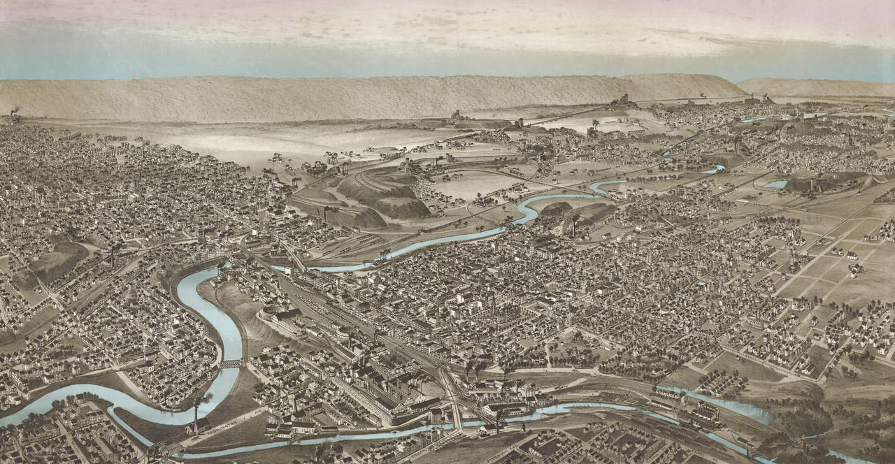 Scranton 1890 Birds-Eye View - B&W w/ Blue Water | World