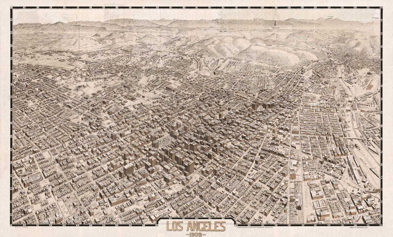 Historic Map - Los Angeles, CA - 1909 - Black \u0026 White, image size:1280x772