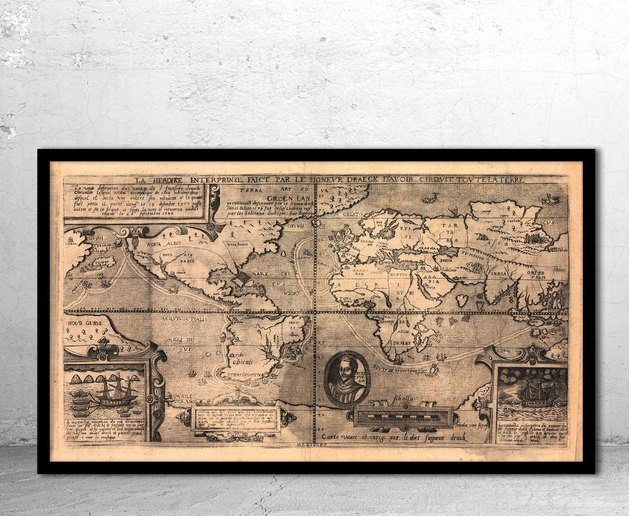最近世界地圖 1587 Flat Earth Map Print: Vintage Circular World Map, High Detail