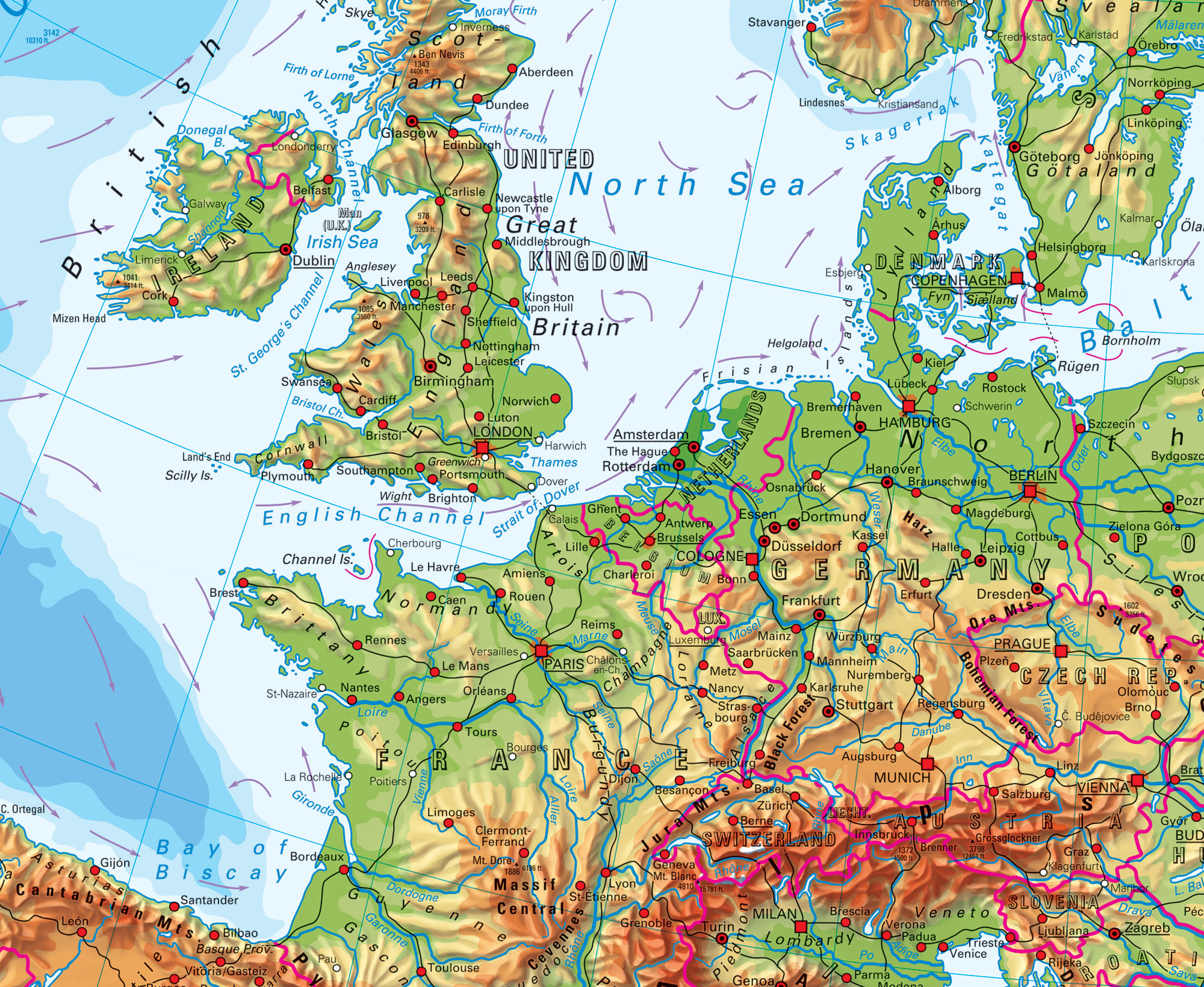 Physical Map Of Western Europe Kp 31245 Klett Extra Large Europe Physical Classroom Map Detail 1 