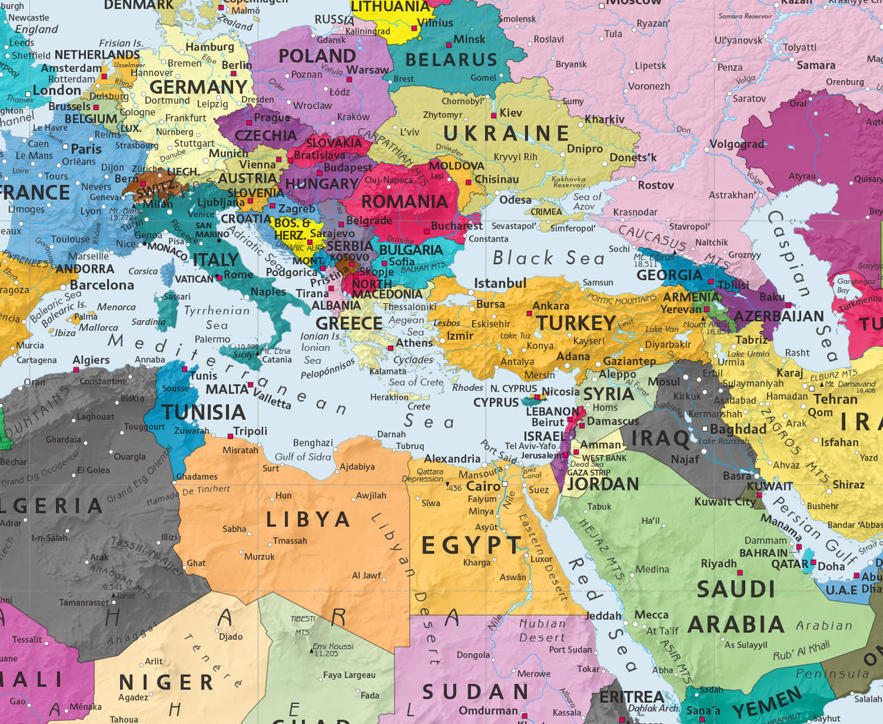 Map of Detailed colorful political world map ǀ Maps of all cities and  countries for your wall, World Map 